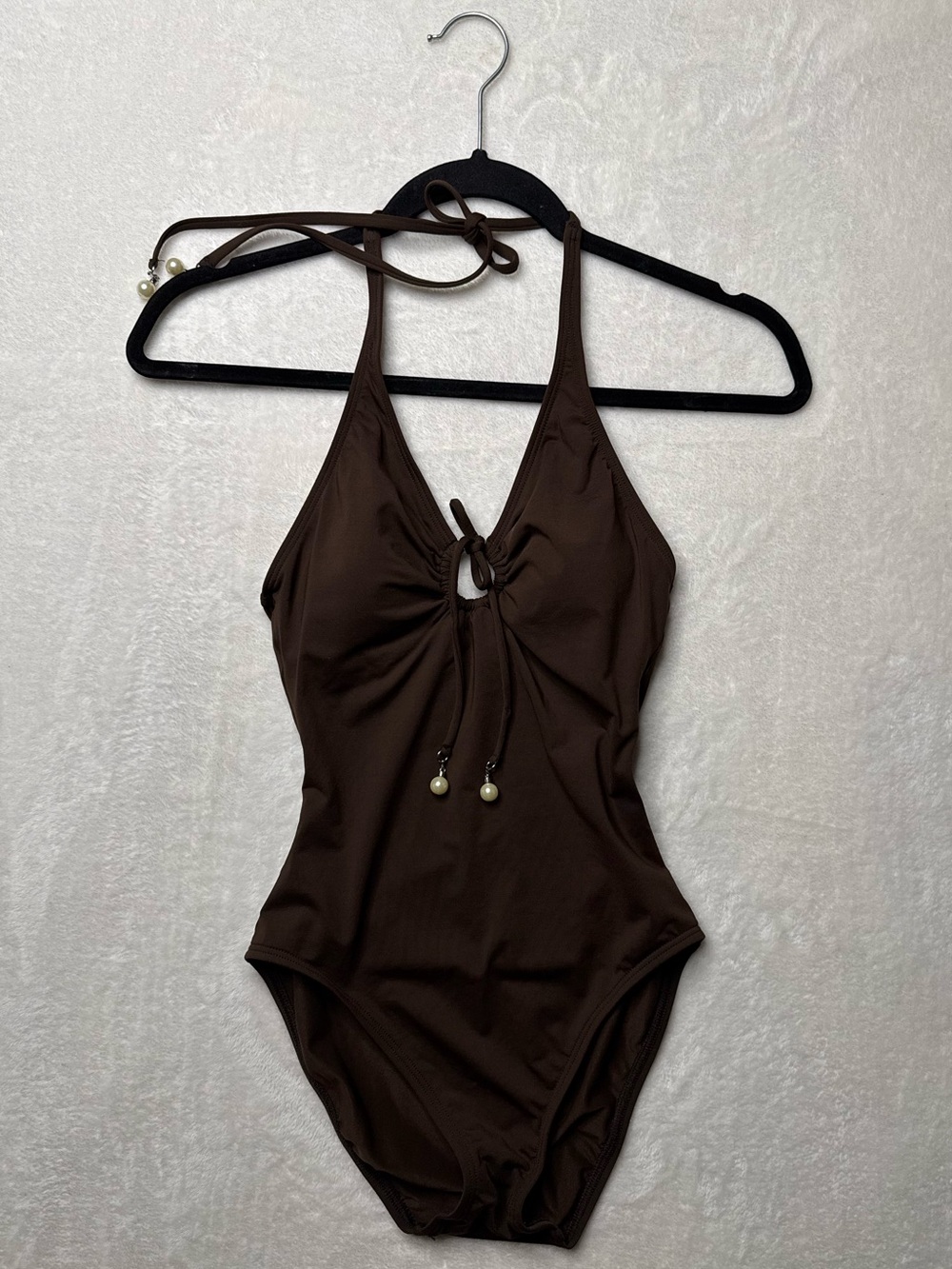 Vintage Y2k Anne Cole Brown Halter One-Piece Swimsuit Keyhole Pearl Accent Sz 6